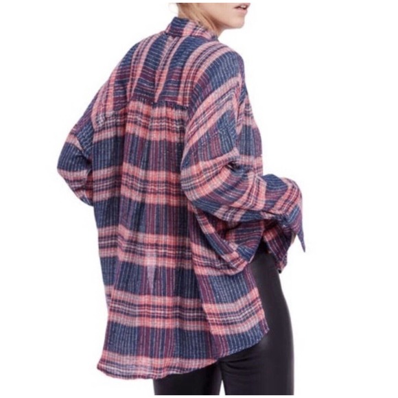 Free People Fearless Love Pink Blue Plaid Sequin Boho Button-Down Shirt - SP - Picture 7 of 10